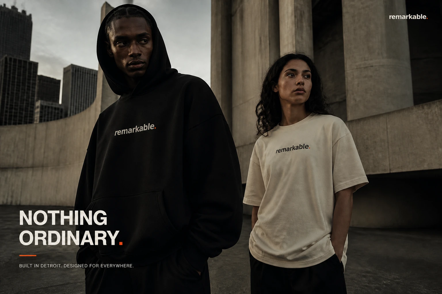 Two models wearing the remarkable. black hoodie and bone Statement Tee before monumental Detroit architecture